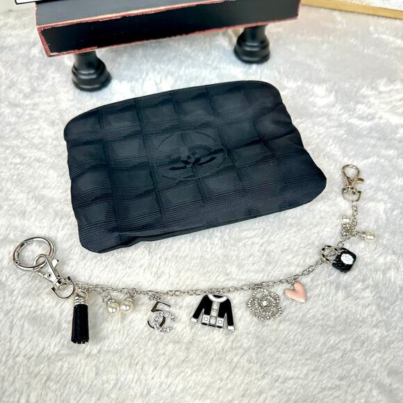 CHANEL Black Canvas New Travel Line Pouch wristlet, Crossbody Bag with Chains - Picture 14 of 16